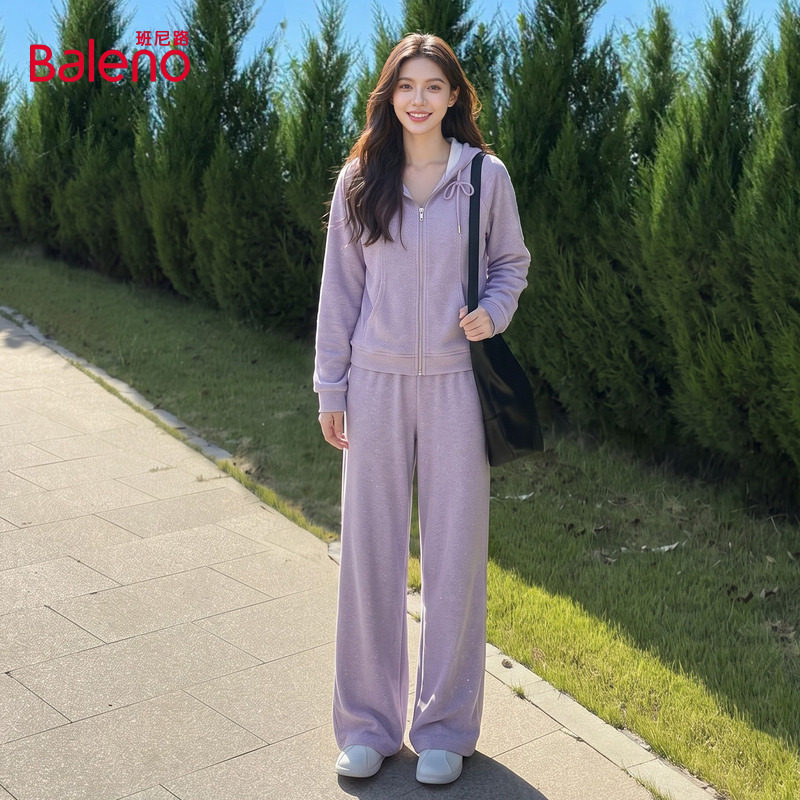 班尼路紫色连帽休闲套装女款2026秋季新款针织外套糯米裤一整套Q