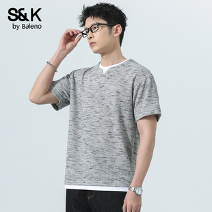 上衣YS 拼接半袖 班尼路SK夏季 重磅华夫格假两件套头T恤高级感美式