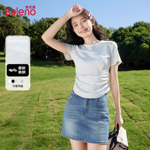 收腰显瘦半袖 小个子短款 上衣女N T恤女春夏新款 班尼路圆领正肩短袖
