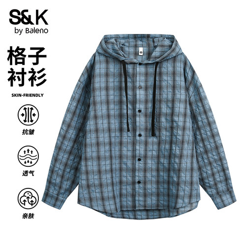 班尼路SK春秋款美式格子连帽衬衫