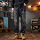 水洗复古潮流休闲长裤 班尼路SK锥形破洞牛仔裤 男宽松直筒秋季 子YS