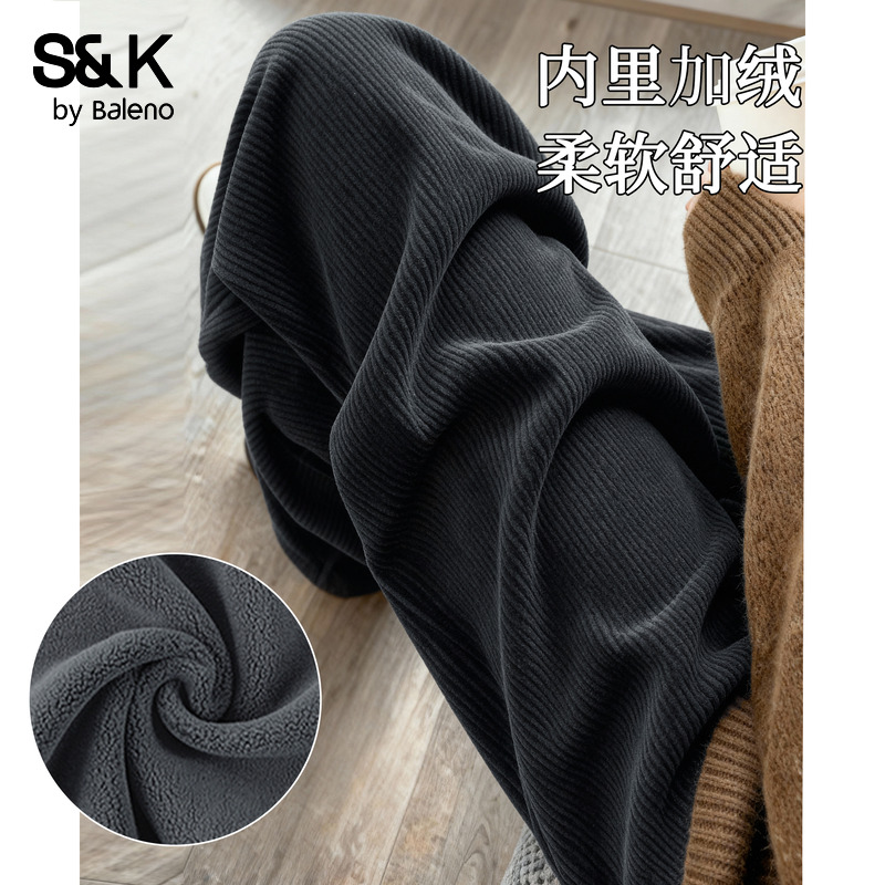 班尼路S&K系列灯芯绒直筒裤女2025秋冬新款加厚保暖阔腿休闲裤女Q