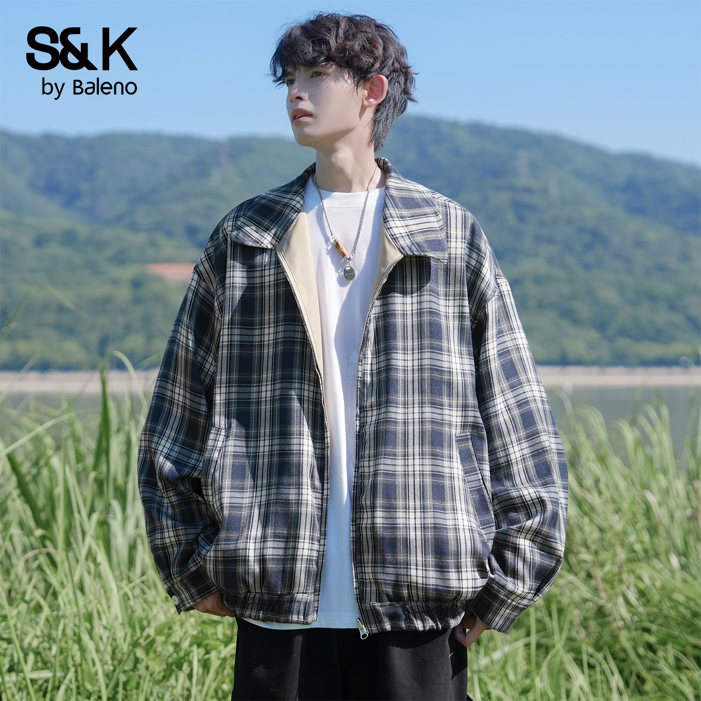 班尼路SK双面穿格子夹克男秋季潮牌宽松休闲翻领运动外套上衣服MS