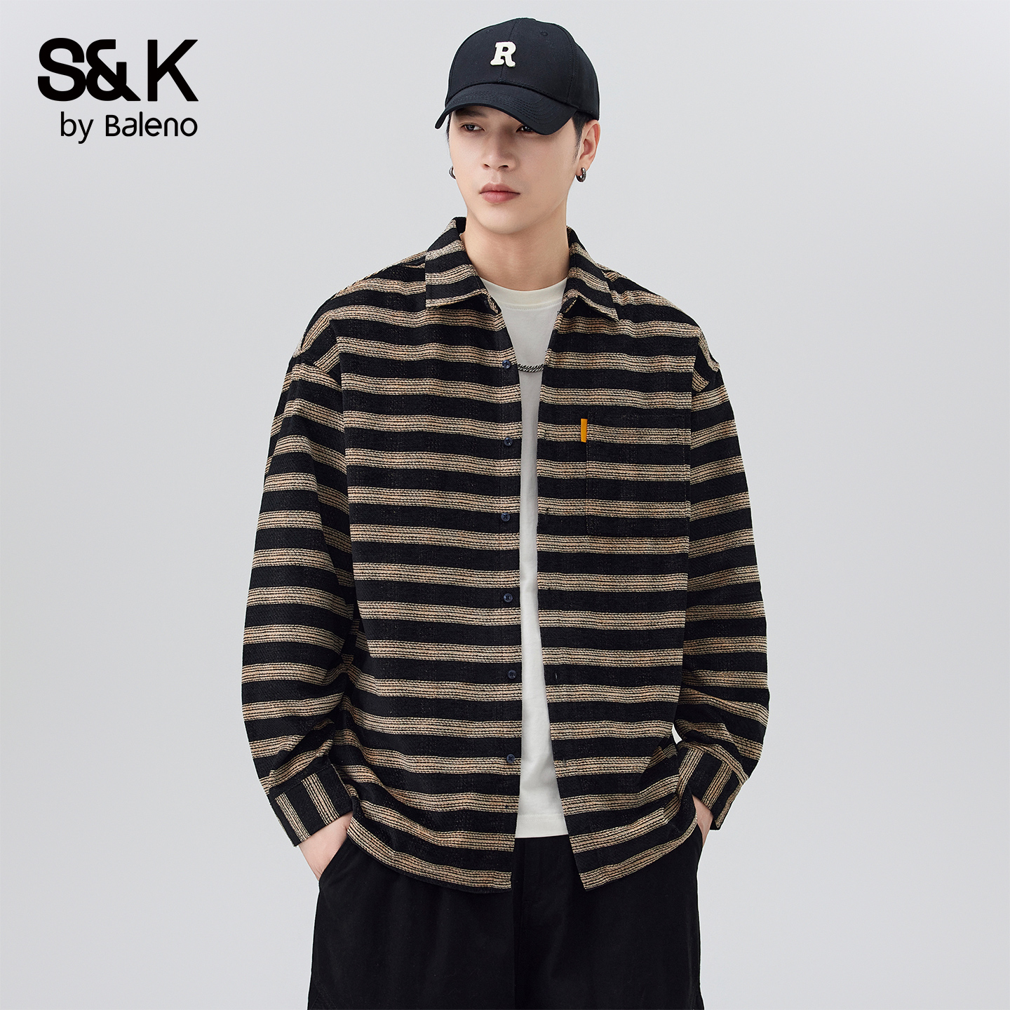 班尼路SK条纹长袖衬衫男士冬季新款百搭时尚宽松翻领开衫上衣服MS