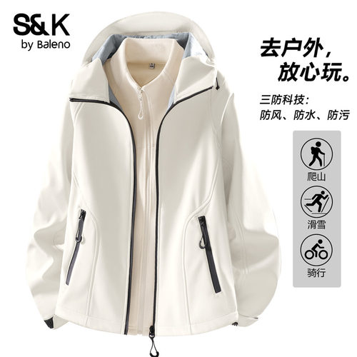 班尼路S&K系列户外运动三防连帽冲锋夹克女秋冬新款加绒修身外套Q