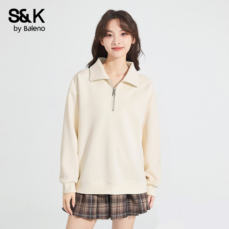 班尼路杏色半拉链卫衣女款