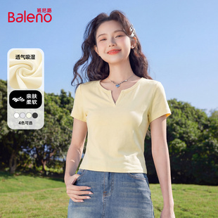 班尼路鹅黄色小v领短袖T恤女2026夏季新款修身显瘦短款辣妹上衣M
