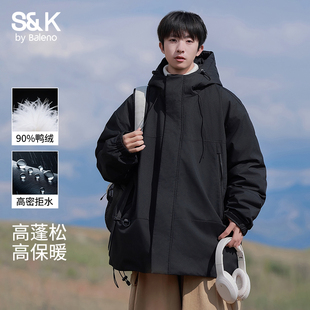 班尼路加绒厚羽绒服男士冬季2026新款潮牌工装冲锋连帽外套男款E