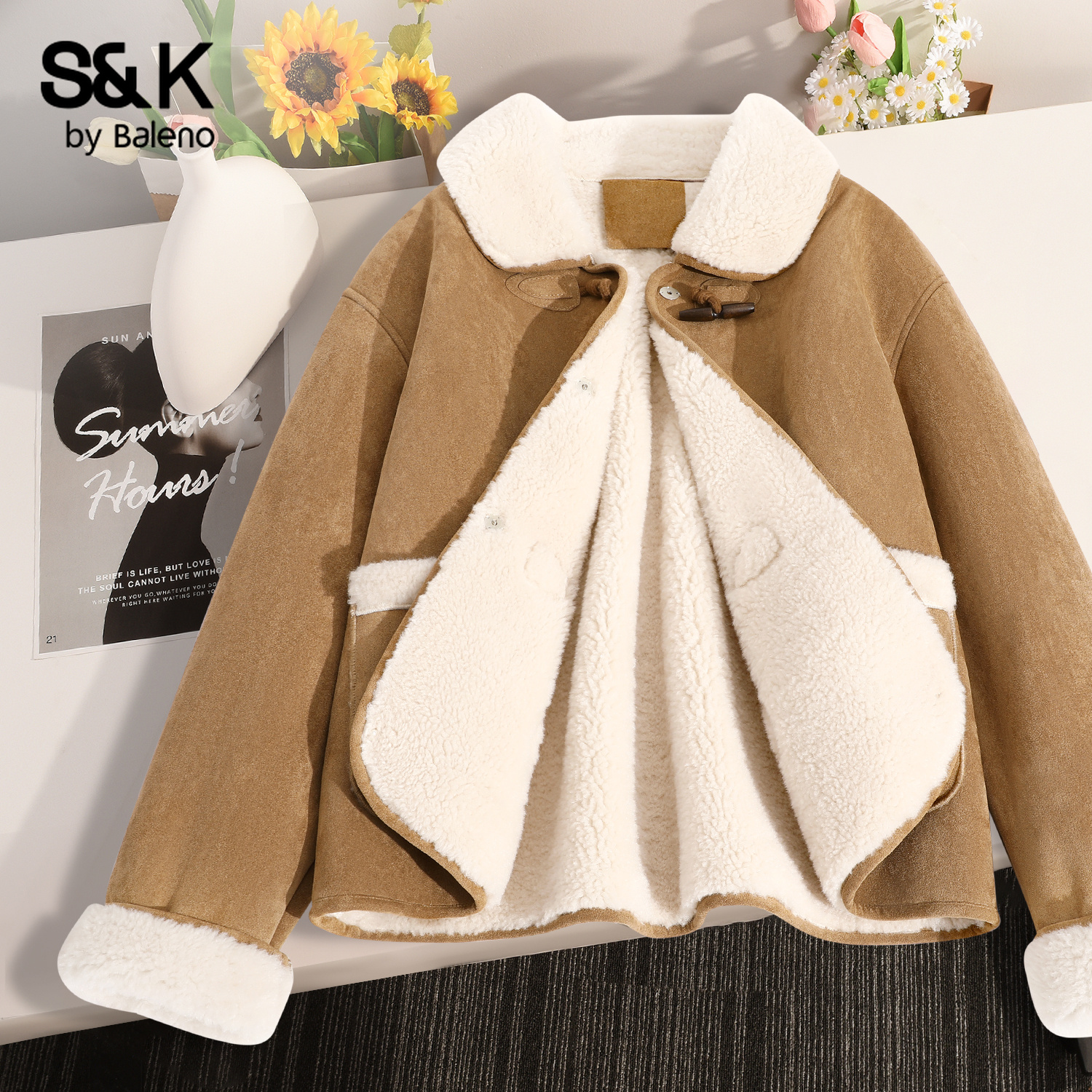 班尼路S&K系列复古厚外套女2025新款冬麂皮羊羔绒开衫巴恩风上衣M