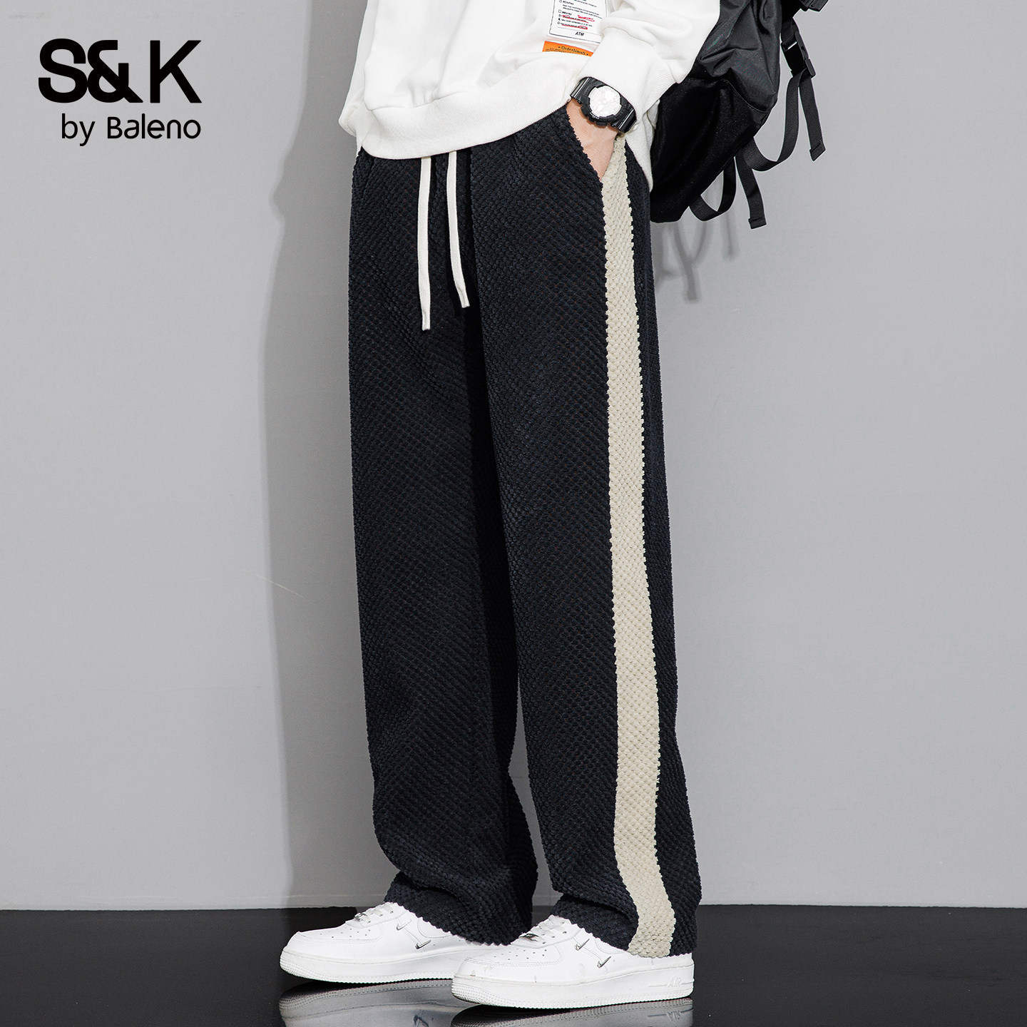 班尼路SK复古运动华夫格休闲裤男春季宽松直筒侧边条纹系绳长裤YS,男装,休闲裤,淘宝优惠券,粉丝福利购,淘宝优惠卷