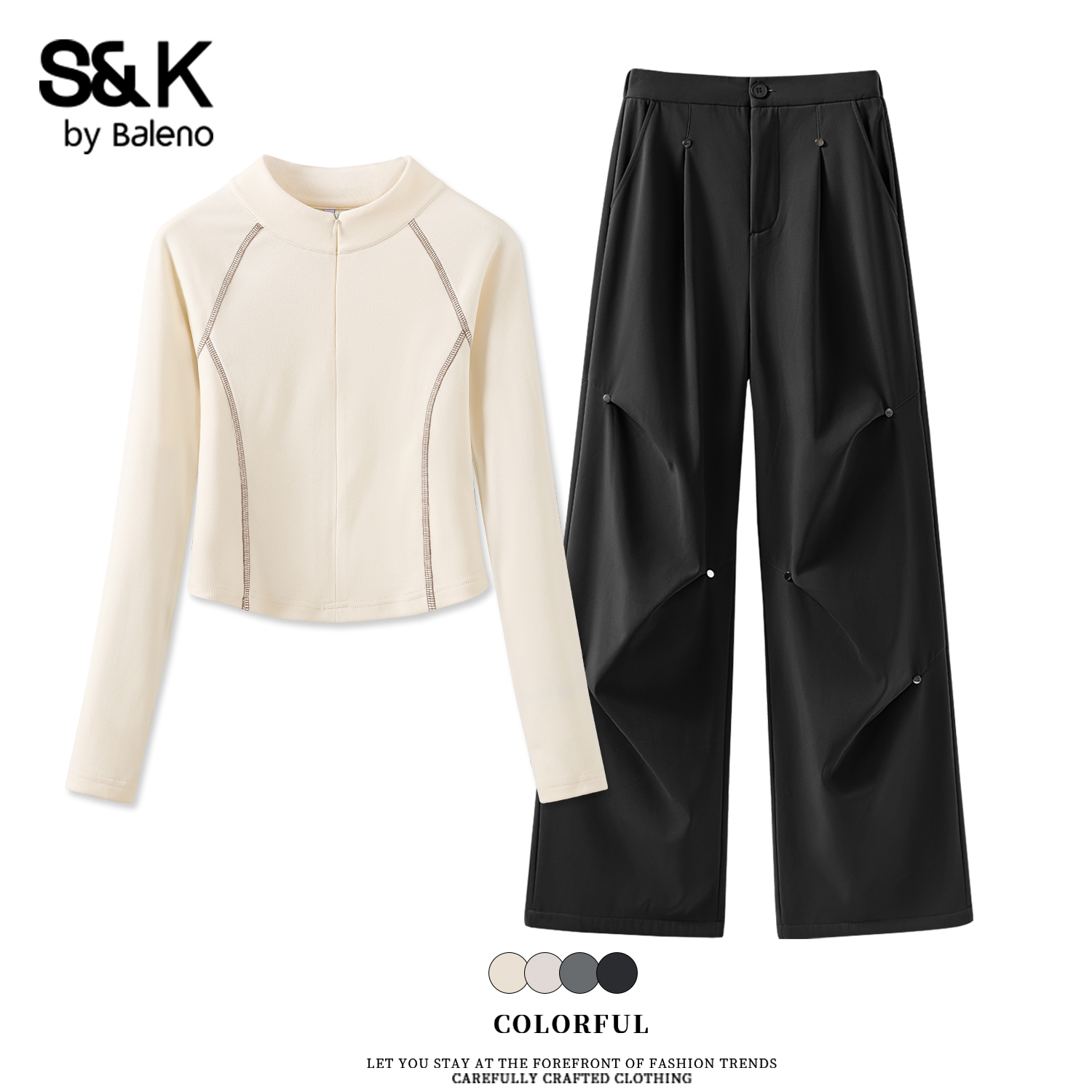 班尼路S&K系列运动套装女款秋冬新款薄绒打底衫加绒工装裤两件装N