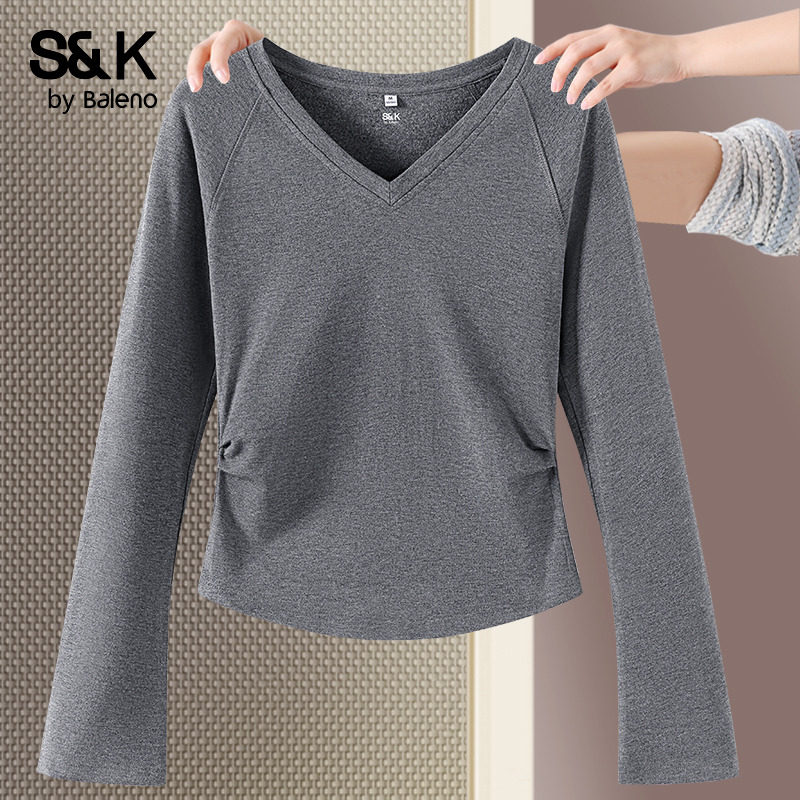 班尼路S&K系列灰色v领长袖t恤女2025秋季新款掐腰修身内搭打底衫H,女装/女士精品,T恤,淘宝优惠券,粉丝福利购,淘宝优惠卷