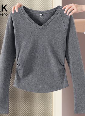 班尼路S&K系列灰色v领长袖t恤女2026秋季新款掐腰修身内搭打底衫H
