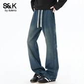 百搭休闲裤 班尼路SK美式 款 系绳阔腿长裤 风宽松直筒牛仔裤 男春季