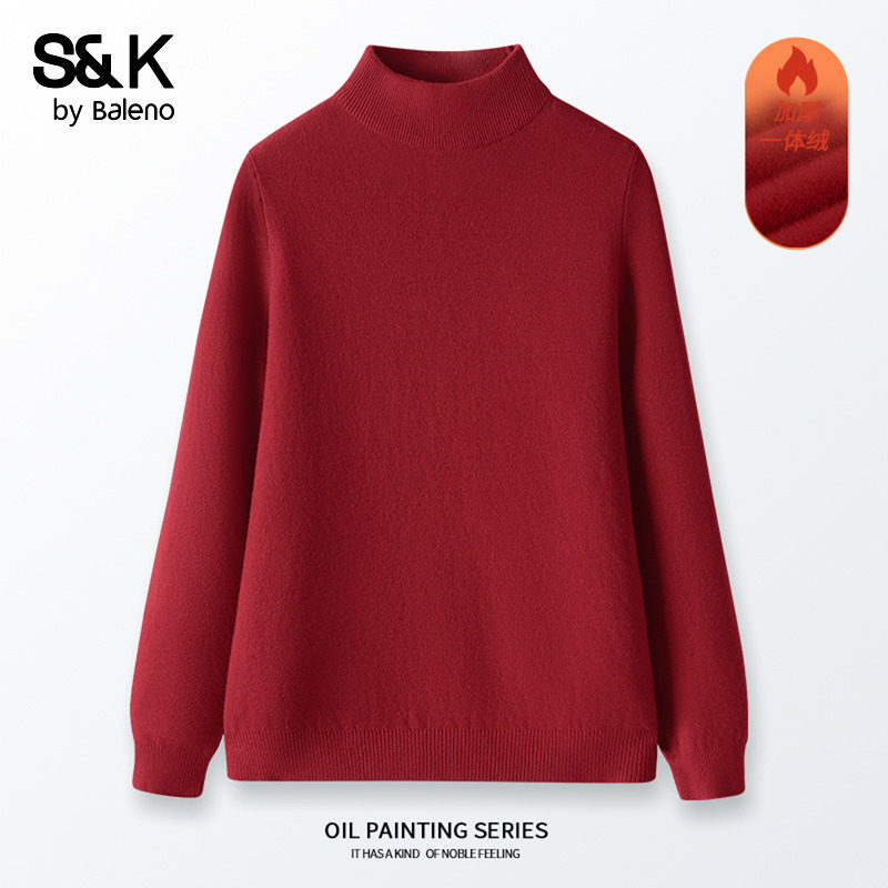 班尼路S&K系列红色半高领一体绒毛衫女2025新款秋冬加绒保暖毛衣Q