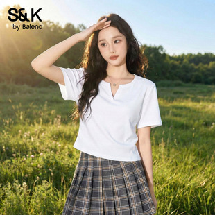 班尼路S&K白色小v领短袖t恤女2026夏季新款修身小个子短款上衣H