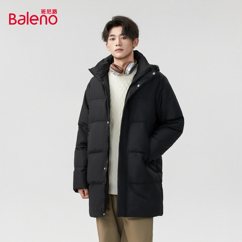 Baleno班尼路男装长款拼色羽绒外套时尚保暖情侣新款连帽羽绒服D