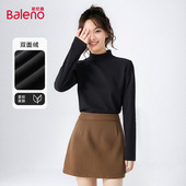 加绒磨毛长袖 班尼路黑色半高领打底衫 女2026秋冬新款 内搭上衣H