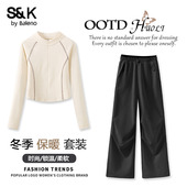 两件套Q 软壳登山工装 女薄绒半高领打底衫 裤 班尼路S&K系列运动套装