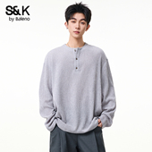 新款 班尼路SK肌理感亨利领长袖 T恤男春季 宽松休闲极简风上衣男YS