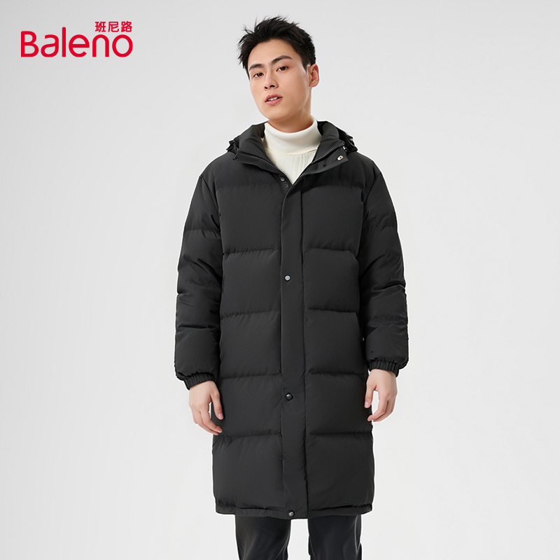 Baleno班尼路男装长款连帽羽绒外套冬季情侣长款防寒保暖羽绒服D