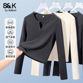 长袖 t恤女秋季 短款 班尼路S&K系列修身 内搭可外穿打底衫 小v领上衣M