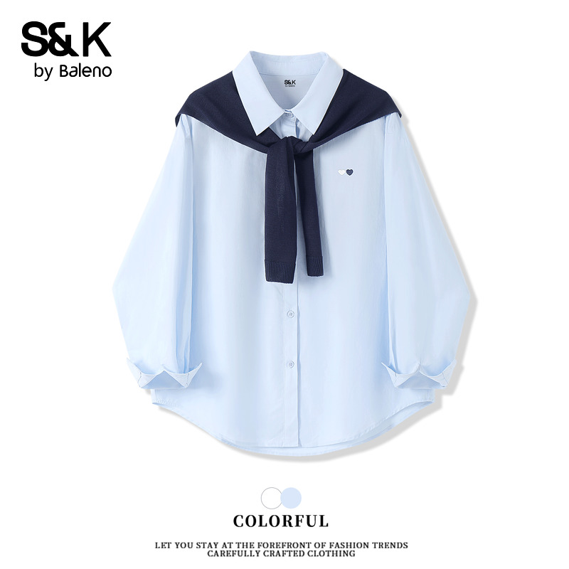班尼路S&K系列蓝色翻领披肩衬衫女秋季新款氛围感两件套上衣QW