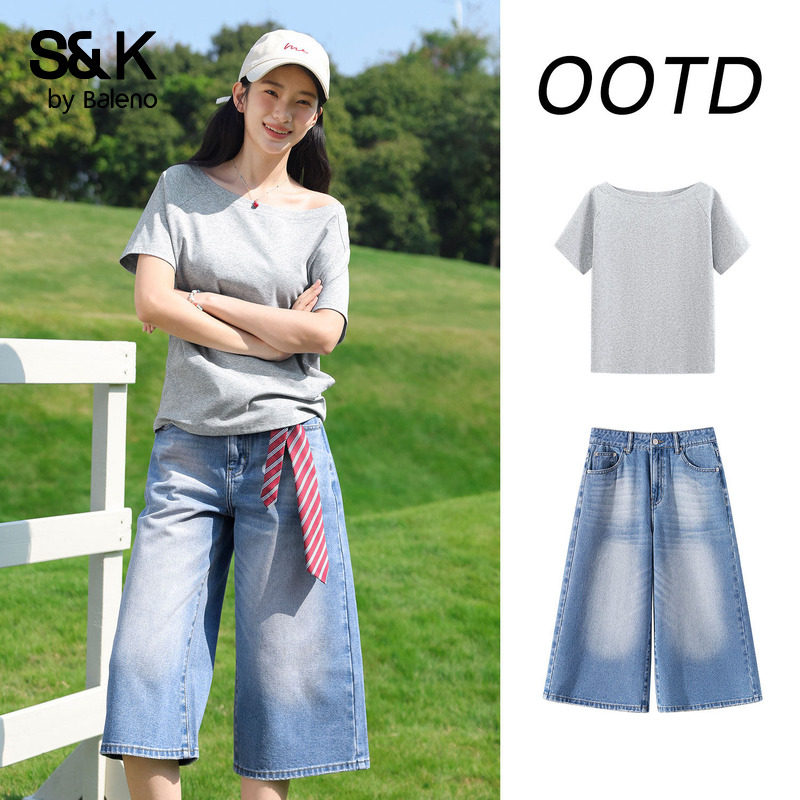 班尼路S&K系列露肩一字领短袖T恤女春夏新款阔腿七分牛仔裤套装Q
