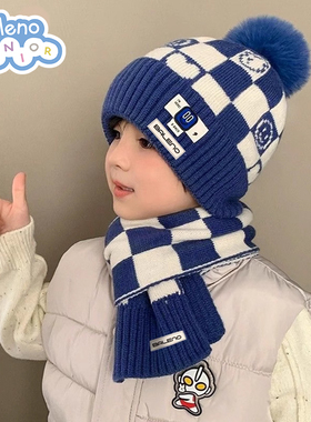 班尼路儿童帽子韩版格纹毛线帽女童保暖中大童帽子围巾套装新款O