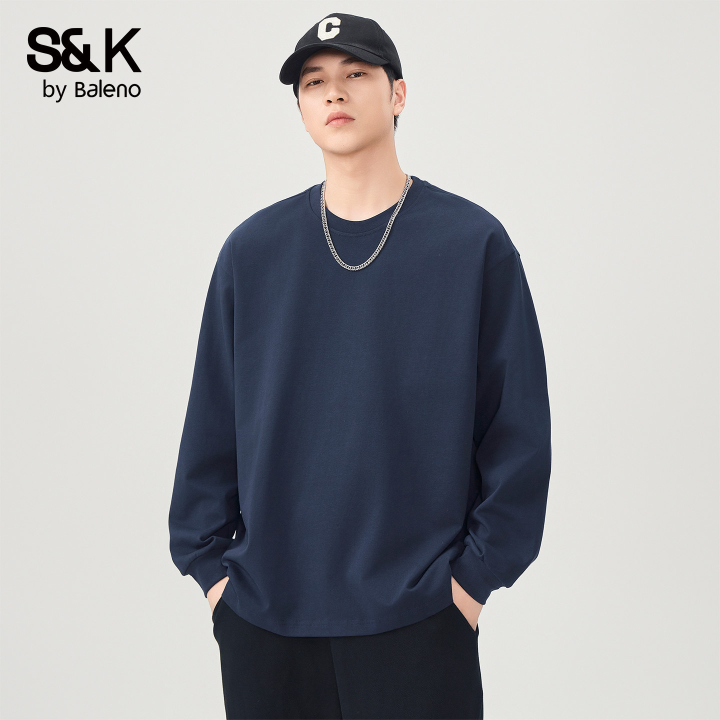 班尼路SK纯棉长袖t恤男宽松圆领