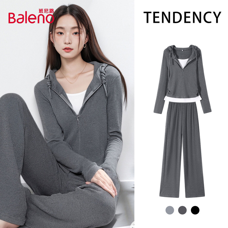 班尼路假两件套装女2025秋季新款连帽收腰外套休闲直筒裤一整套N