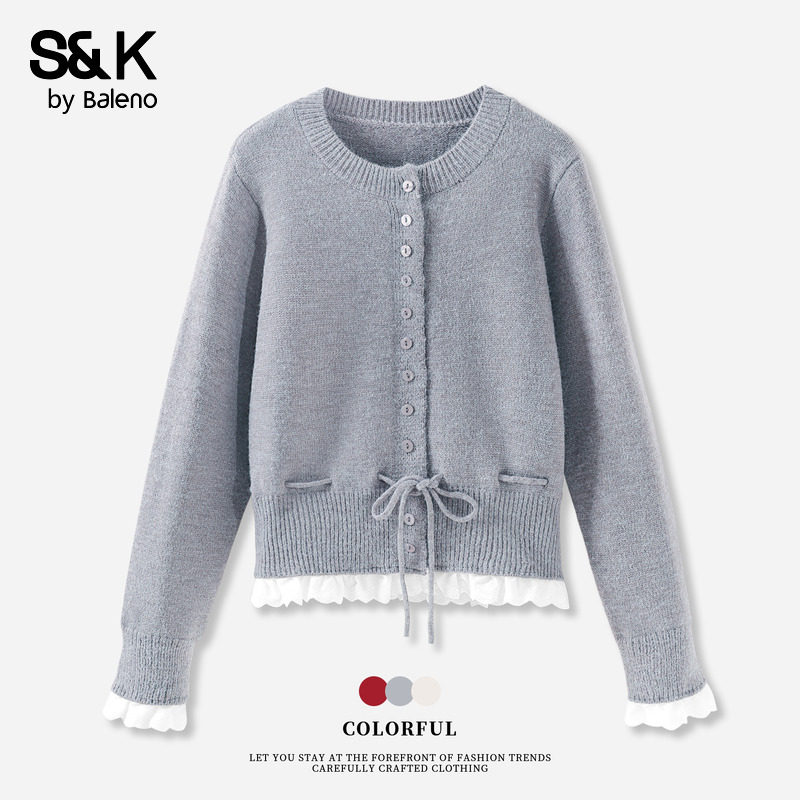 班尼路S&K系列撞色荷叶边针织毛衫女秋新款软糯亲肤韩系减龄外套Q