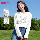 班尼路白色纯棉长袖 T恤女春夏新款 简约卡通印花宽松休闲百搭上衣Q