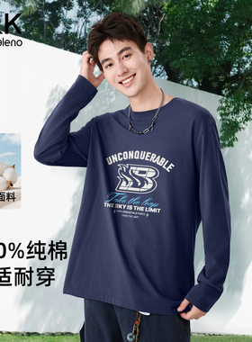 班尼路S&K系列长袖男t恤纯棉2025新款美式潮牌印花上衣蓝色体恤男