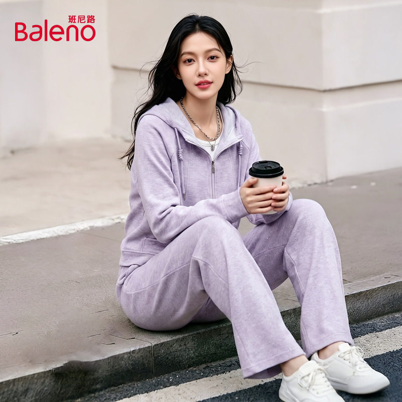 班尼路连帽针织套装女款2026秋季新款细闪外套休闲裤穿搭一整套Q