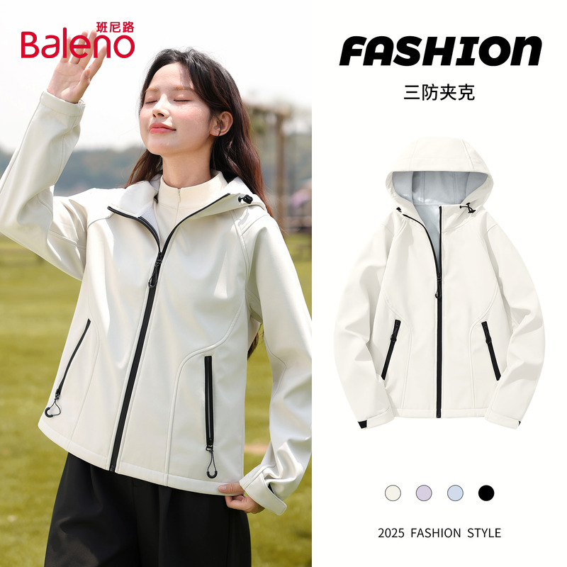 班尼路黑色加绒连帽外套登山夹克