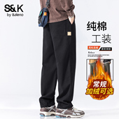 班尼路SK美式 男潮牌宽松直筒加绒加厚纯棉百搭阔腿裤 工装 休闲裤