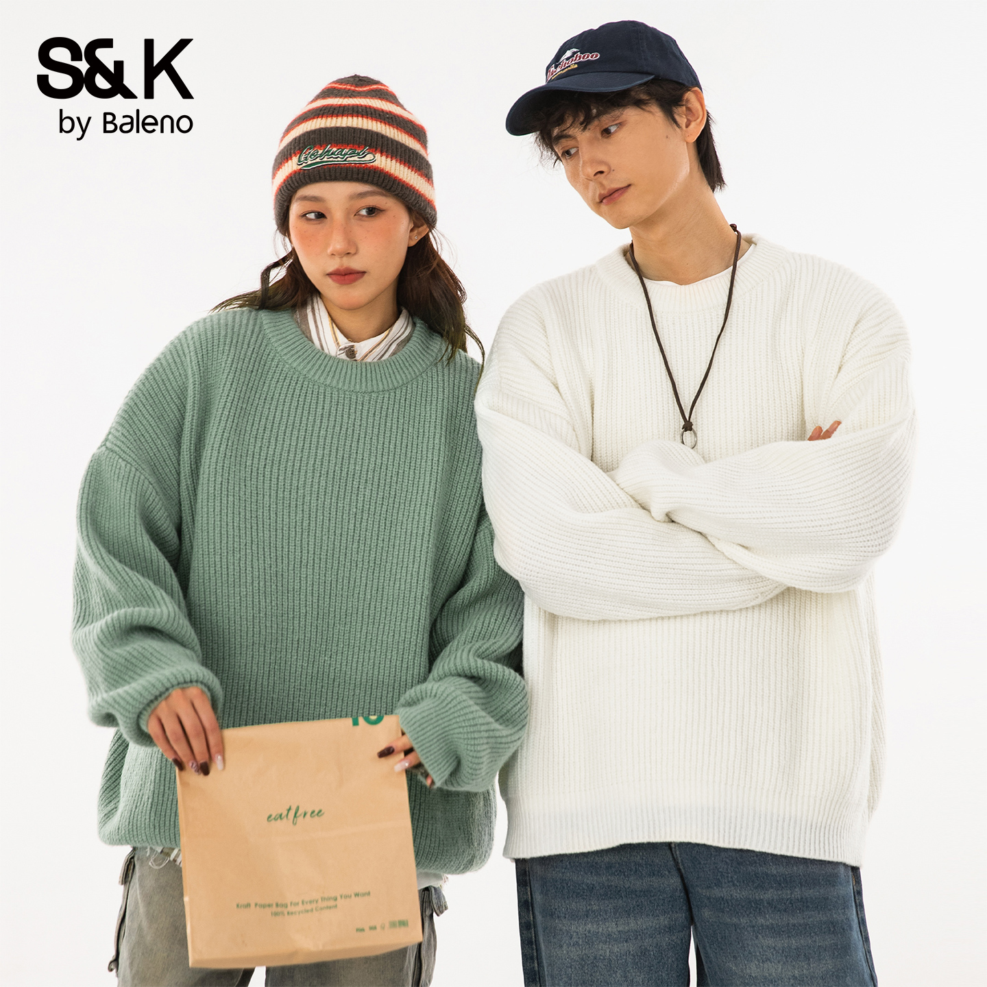 班尼路SK复古纯色百搭圆领毛衣