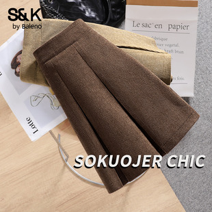 班尼路S&k系列咖啡色灯芯绒百褶裙女2025秋冬新款高腰半身裙短裙H