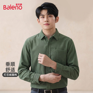 班尼路橄榄绿色衬衫男款春季复古工装风上衣男士灯芯绒长袖衬衣A
