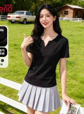 班尼路黑色v领纯欲风短袖t恤女2026夏季新款小个子修身短款上衣H