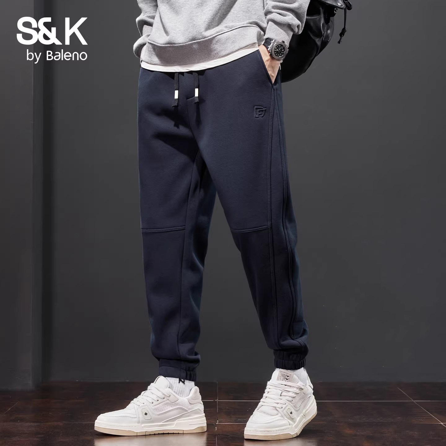 班尼路SK休闲裤男士秋冬季美式潮牌加绒加厚宽松束脚运动针织裤MS