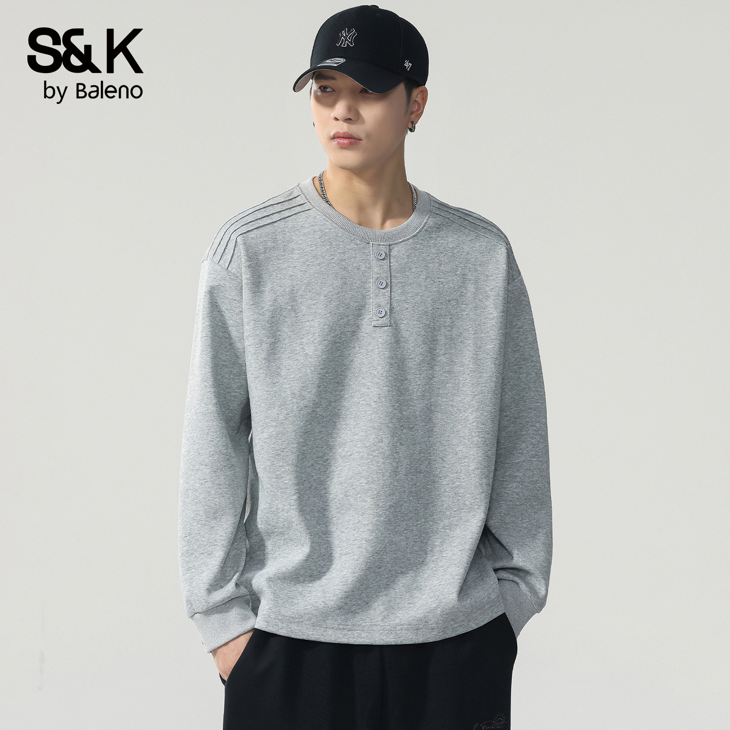 班尼路SK男士长袖t恤秋冬季肩宽廓形休闲内搭圆领加厚上衣卫衣YS