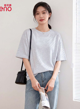 班尼路灰色纯棉短袖t恤女2026夏季新款宽松大码圆领内搭打底上衣H
