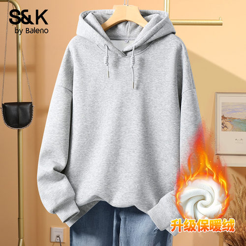 班尼路S&K系列灰色连帽卫衣女2025秋冬新款加绒加厚保暖百搭上衣Q