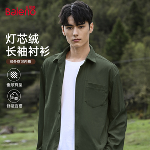 班尼路翻领长袖衬衫男款春季橄榄绿美式复古外套男士灯芯绒衬衣A