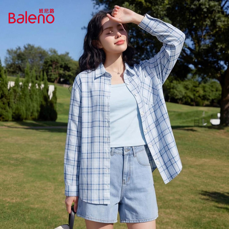 班尼路淡蓝色格子衬衫透气上衣女2026春夏新款慵懒复古衬衣外套H,女装/女士精品,衬衫,淘宝优惠券,粉丝福利购,淘宝优惠卷