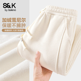 班尼路S&K系列白色雪尼尔窄版阔腿裤女款秋冬新款加绒保暖休闲裤Q