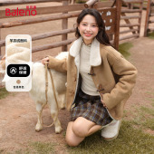 班尼路麂皮羊羔绒皮毛一体外套女秋冬新款 棉服N 复古加厚宽松短款