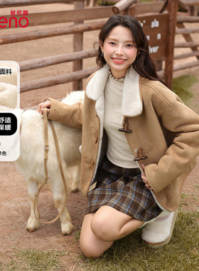 班尼路麂皮羊羔绒皮毛一体外套女秋冬新款复古加厚宽松短款棉服N